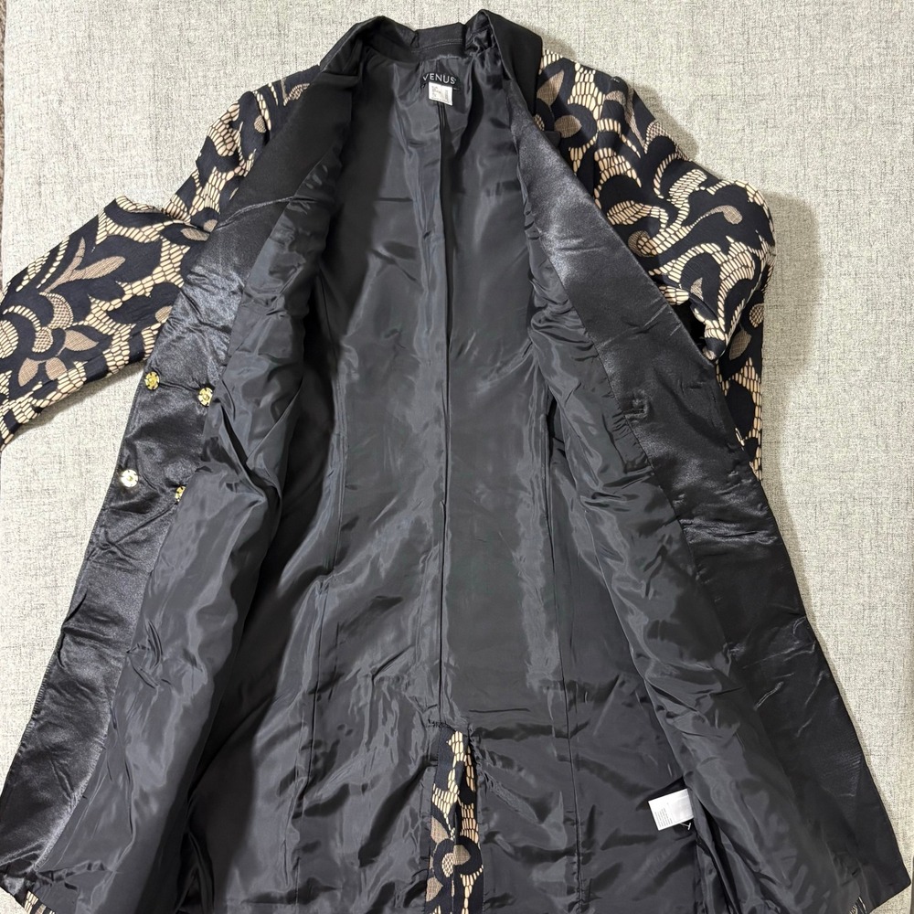 Venus Women Brocade Blazer Jacket 4 Black Tan Swirl Tuxedo Collar Jacquard - Picture 9 of 11